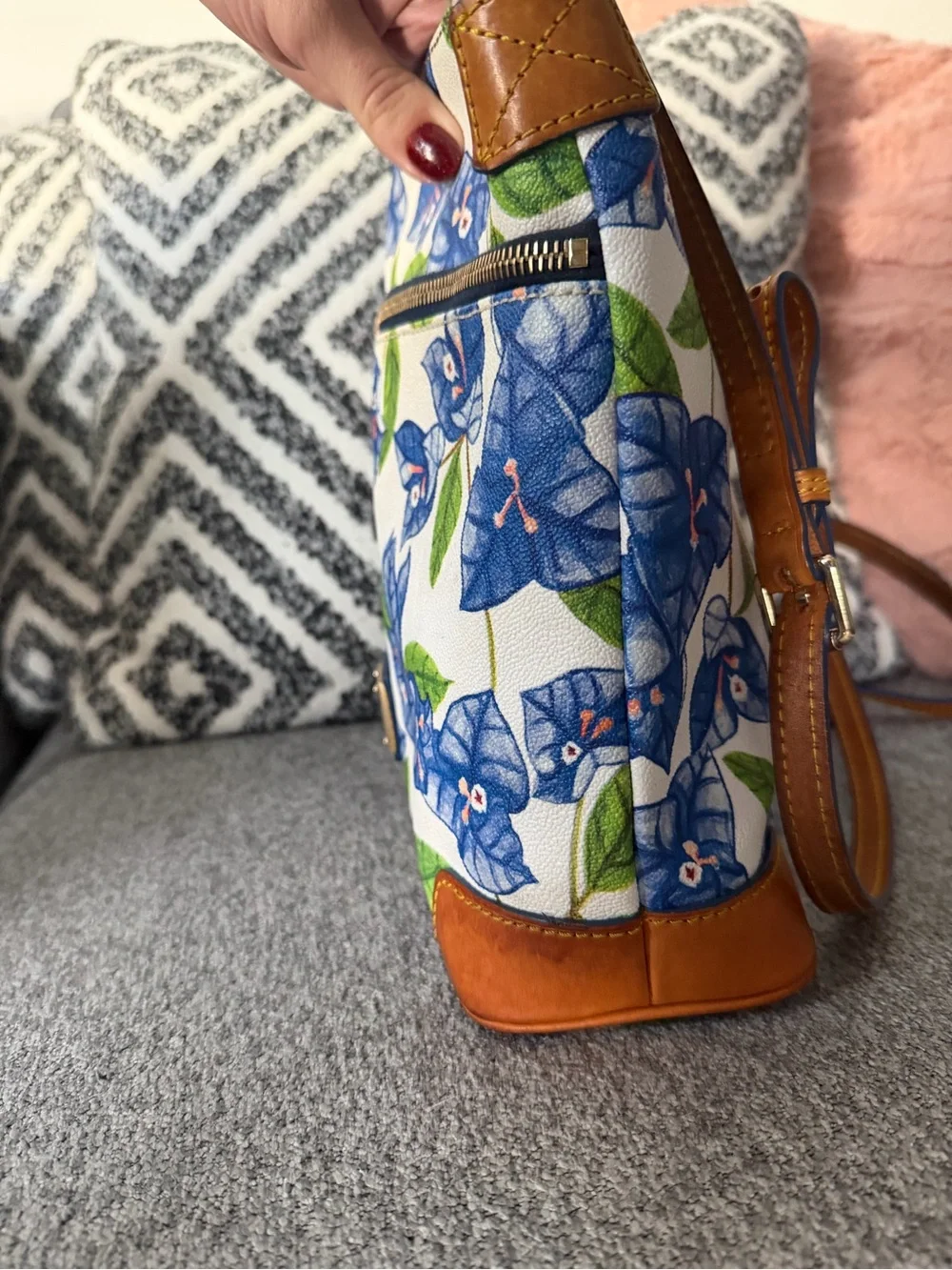 Dooney & Bourke White Blue Floral Crossbody with Tan Trim
